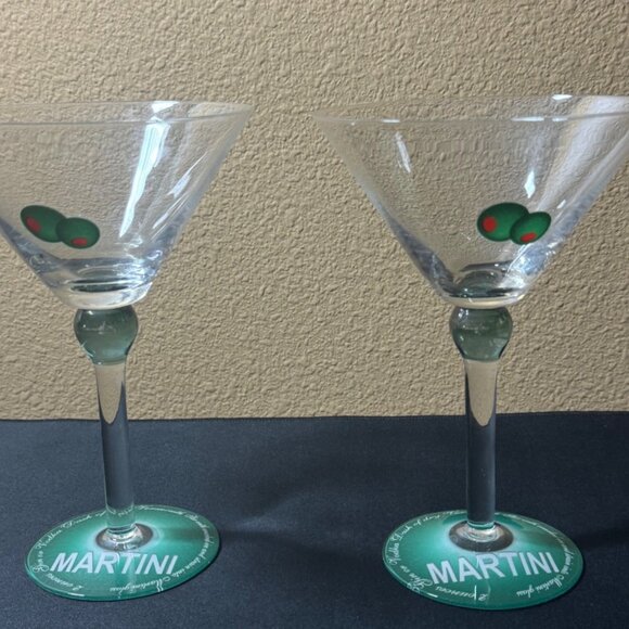 Martini Glasses With Hand Painted  Olive Design & Green Base Set Of Two - Picture 2 of 7